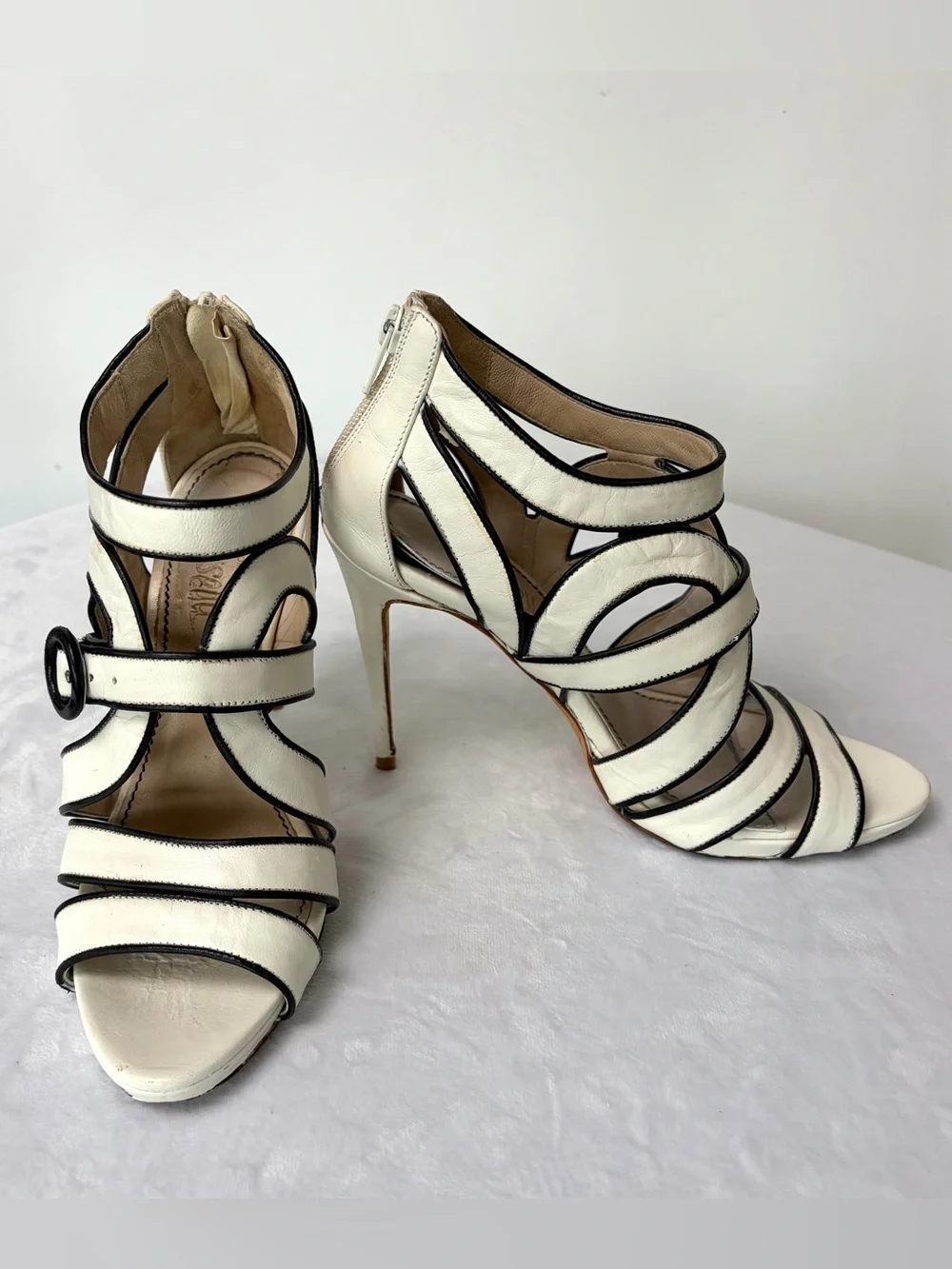 Jerome C Rousseau strappy leather high heels, buckle, black/white, EUC, 36.5